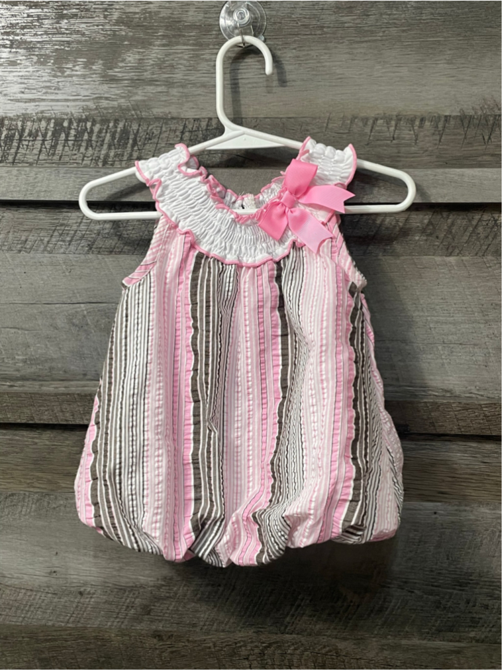 Rare Editions Baby Girl Smocked Striped Bubble Romper Sunsuit 3 Months Pink Bow
